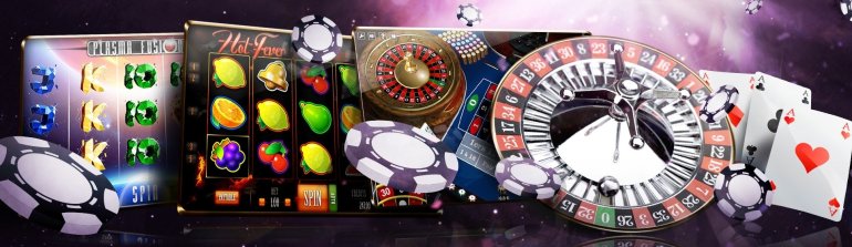 Скриншоты игровых автоматов, колесо рулетки, карты и фишки изображены на разноцветном фоне