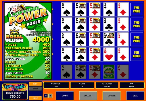 Aces and Faces Power Poker («Мощный» видео-покер «Тузы и картинки») из раздела Видео покер