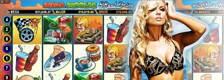 Девушка с красивым бюстом в откровенном лифе на фоне линий игрового автомата Mega Moolah