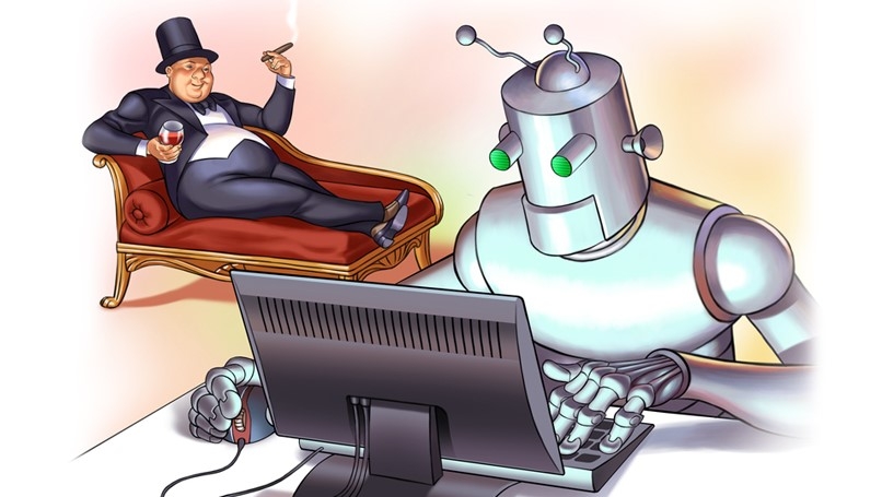 пузатый господин во фраке отдыхает, пока его робот работает за компьютером