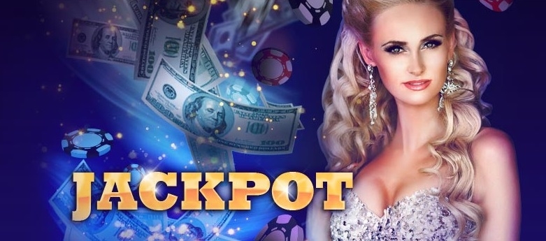 Красотка в окружении фишек казино и летящих долларов и слово "Jackpot"