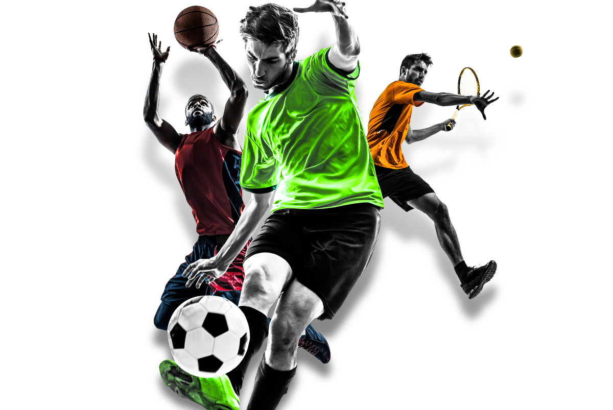 Футболист, баскетболист и теннисист в движении со своей игровой атребутикой