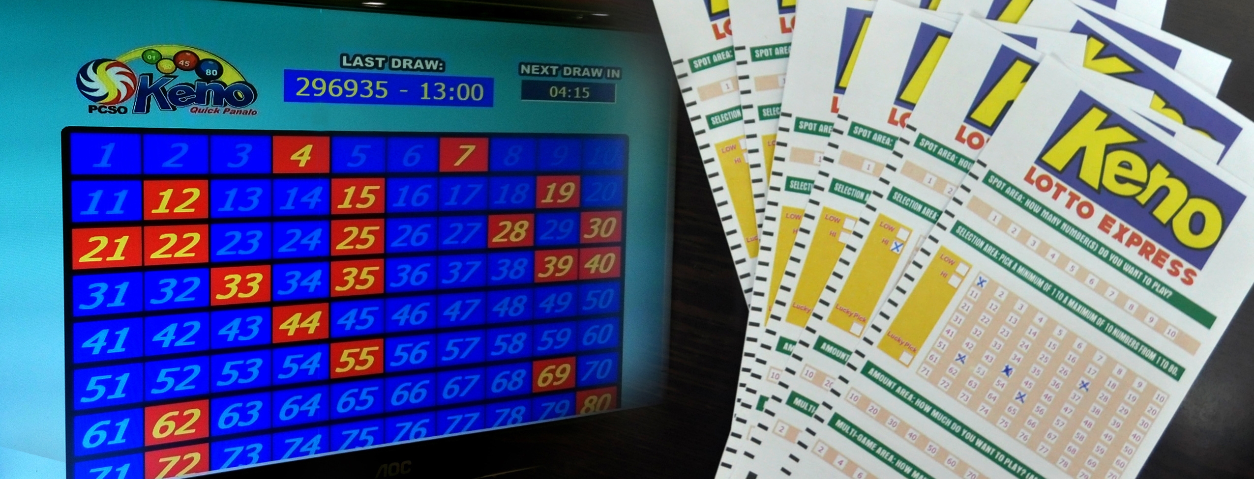 Табло с цифрами и билеты для игры в Кено