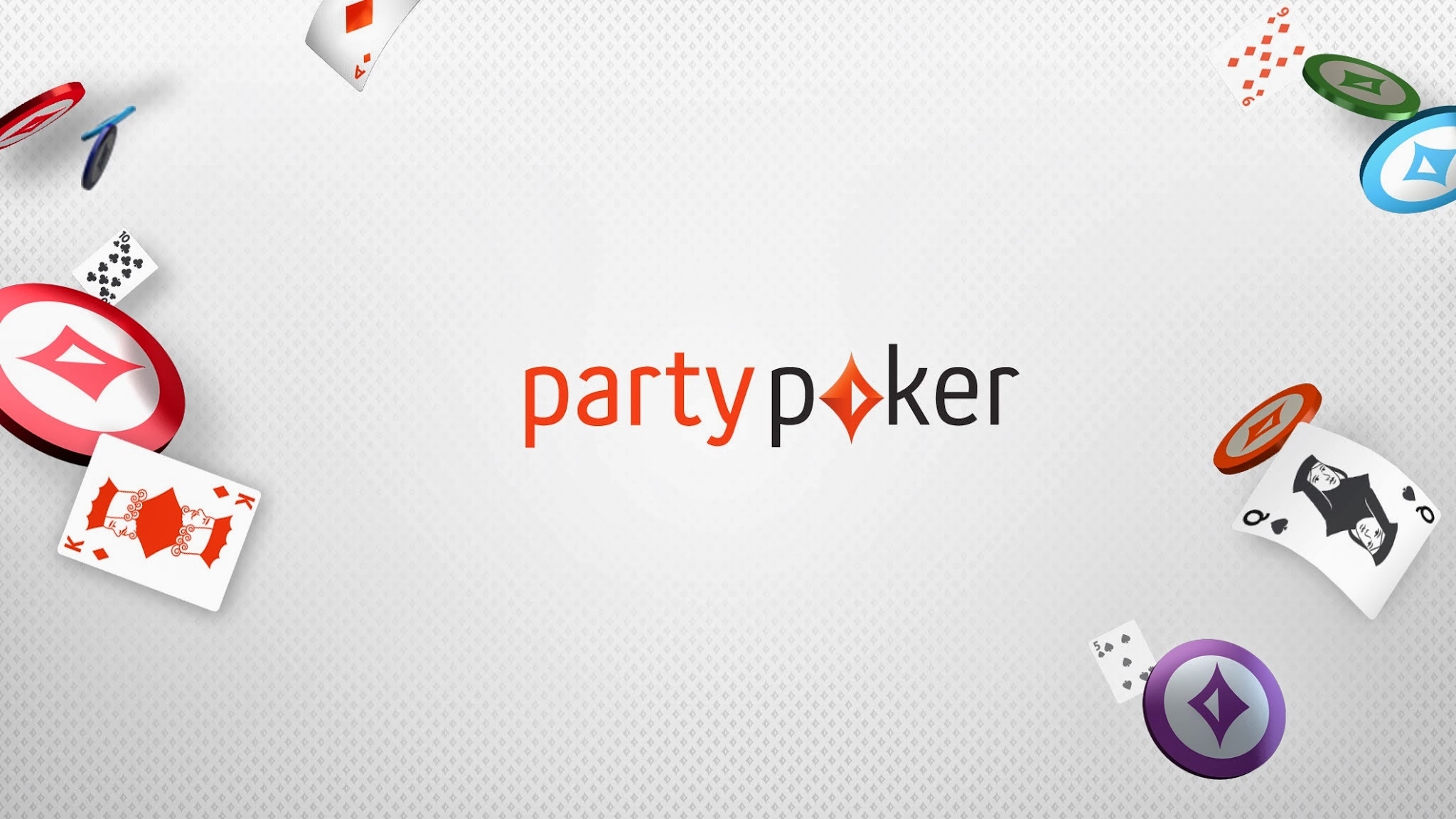 В центре надпись Party Poker, а по сторонам летаящие фишки и карты