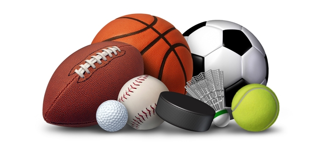 Мячи для разных видов спорта: футбола, баскетбола, регби, а также хоккейная шайба и воланчик для тенниса