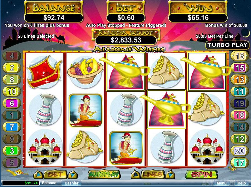 Скриншот линий игрового автомата Aladdin's Wishes от RTG