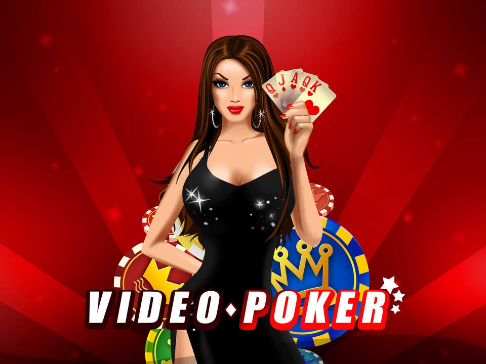 Нарисованная фигуристая девушка в черном платье держит в руках карты и есть надпись "Video Poker"