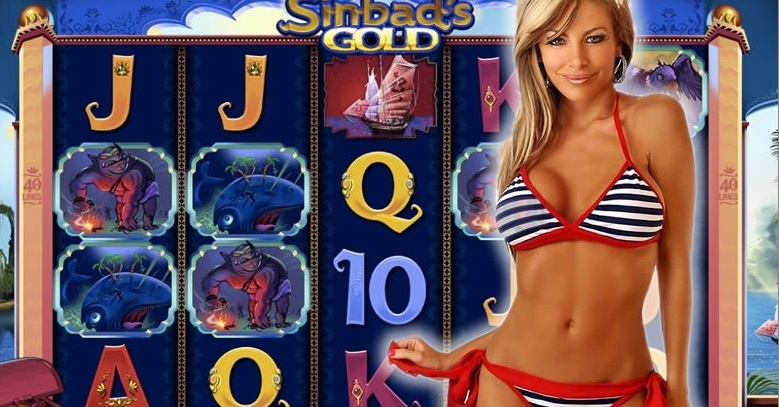 Сексуальная блондинка в полосатом купальнике позирует на фоне линий игрового автомата Fairy tales