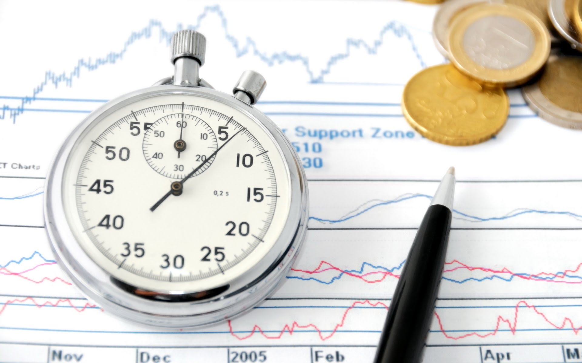 На листе из графиком лежат компас, ручка и монеты