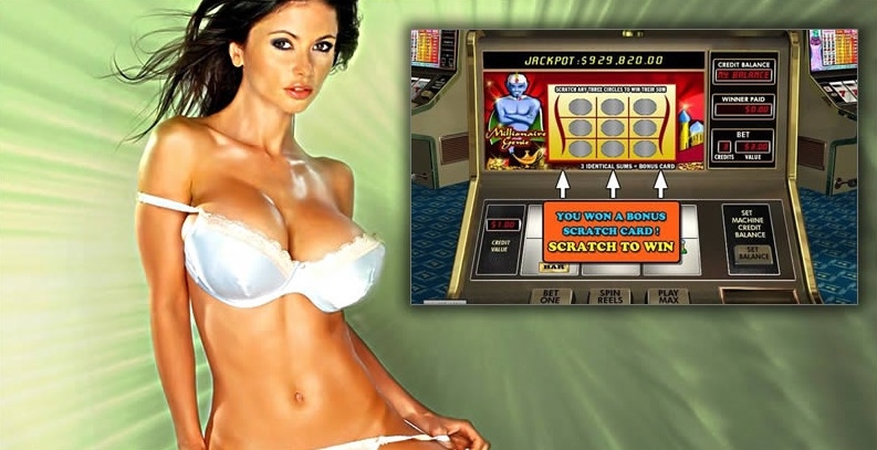 Сексуальная грудастая брюнетка позирует в белом белье рядом со скриншотом игрового автомата Millionaire genie