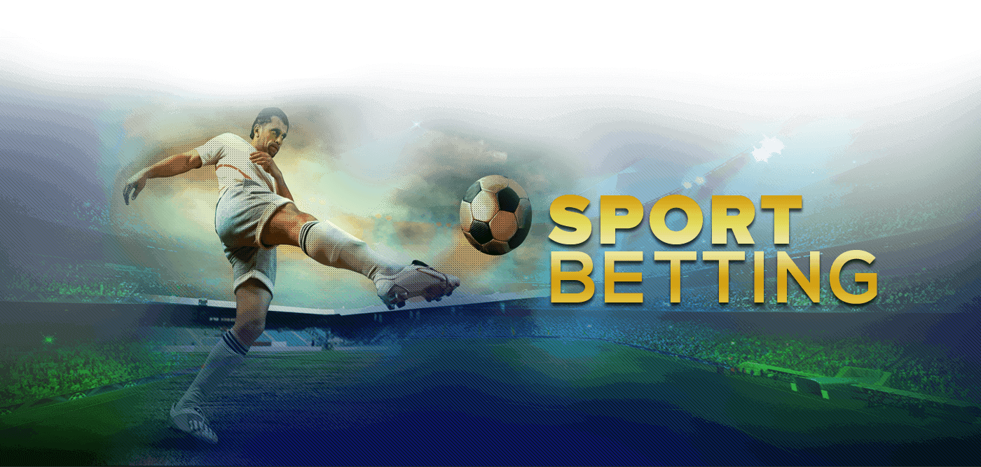 Игрок, совершивший мощный удар по мячу, и надпись "Sport Betting"