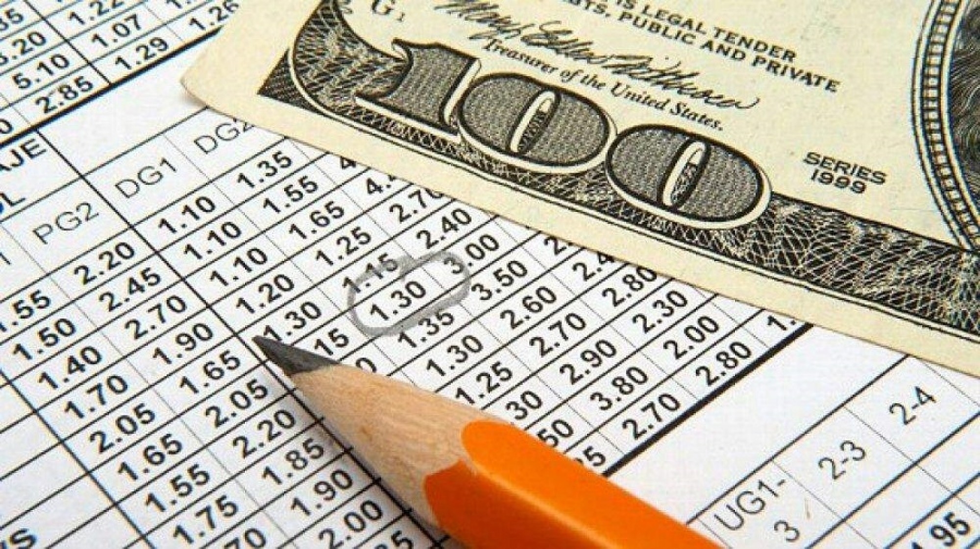 Листок с коэффициентами, карадаш, которым обвели один коэффициент, и стодолларовая купюра