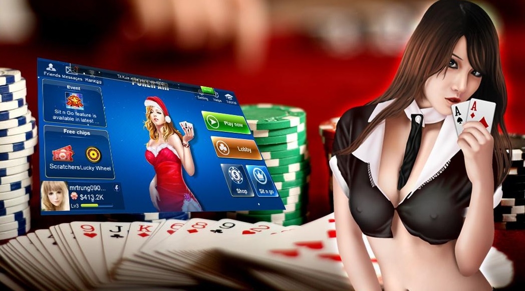 Сексуальная азиатка откровенном черном топе рекламирует онлайн покер