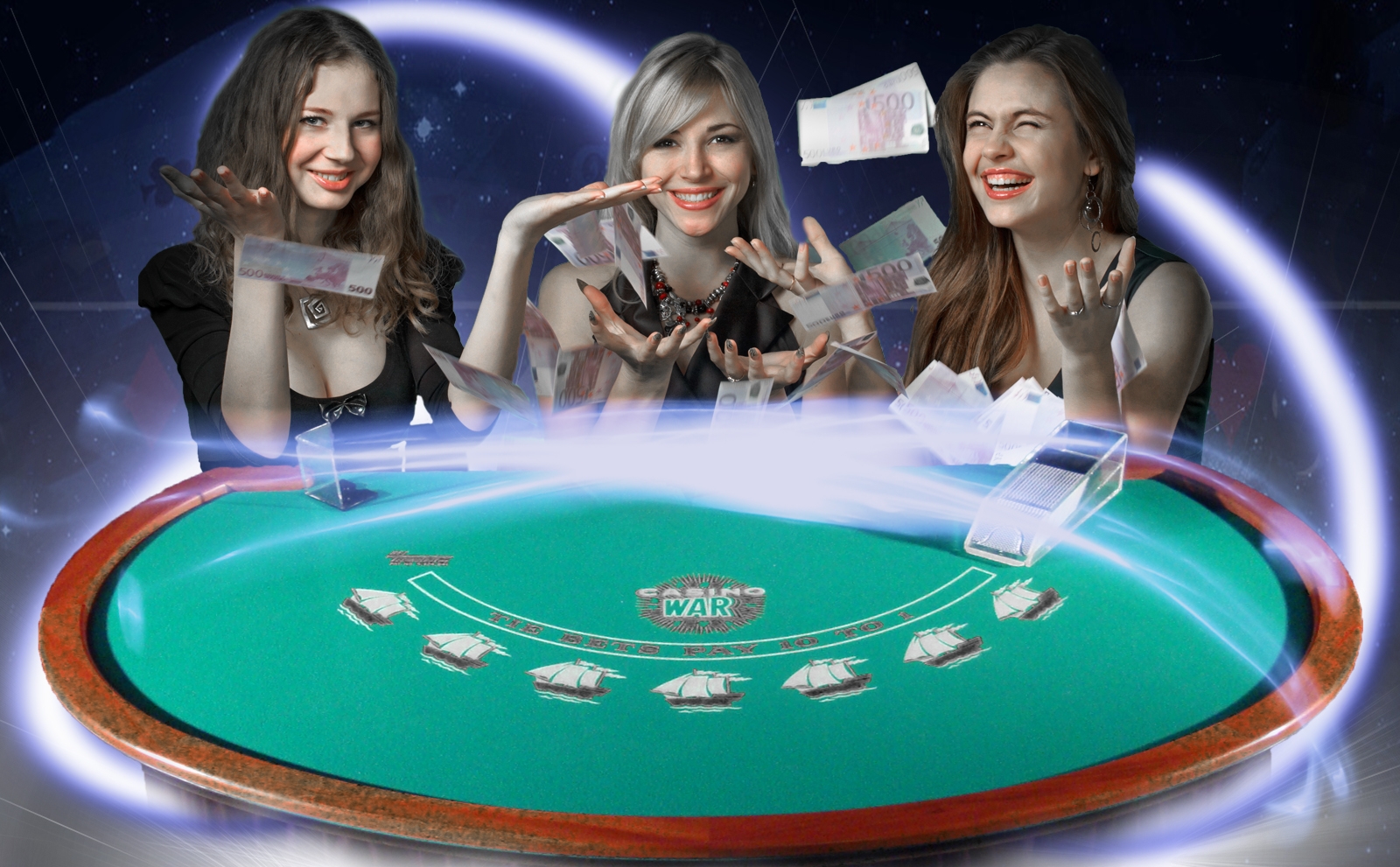 Три красотки крупье веселятся за столом для Казино Вар, разбрасывая деньги