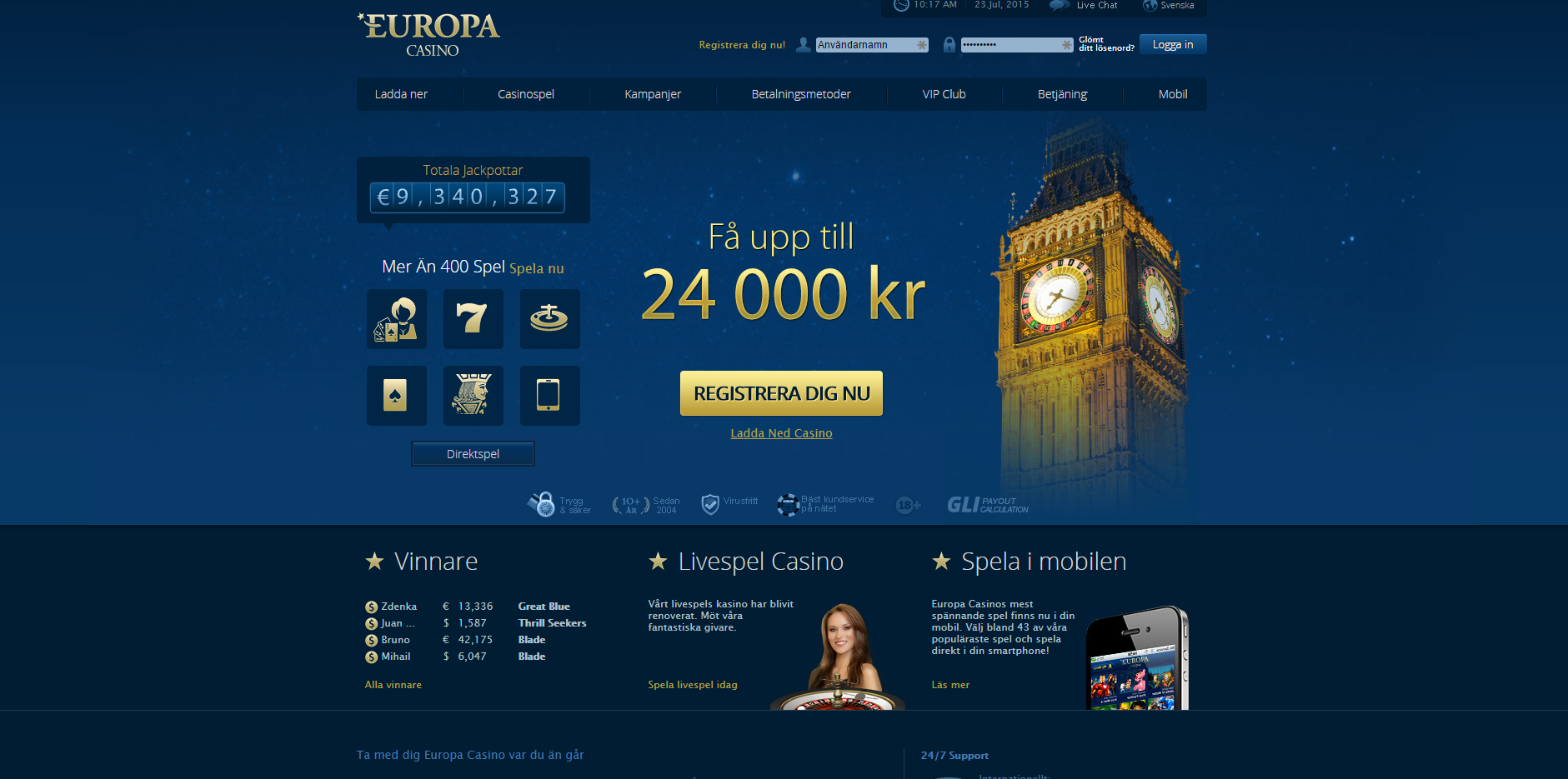 Скриншот главной страницы сайта казино Европа с надписями на английском языке