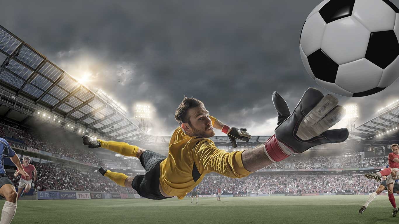 Вратарь в прыжке пытается поймать мяч