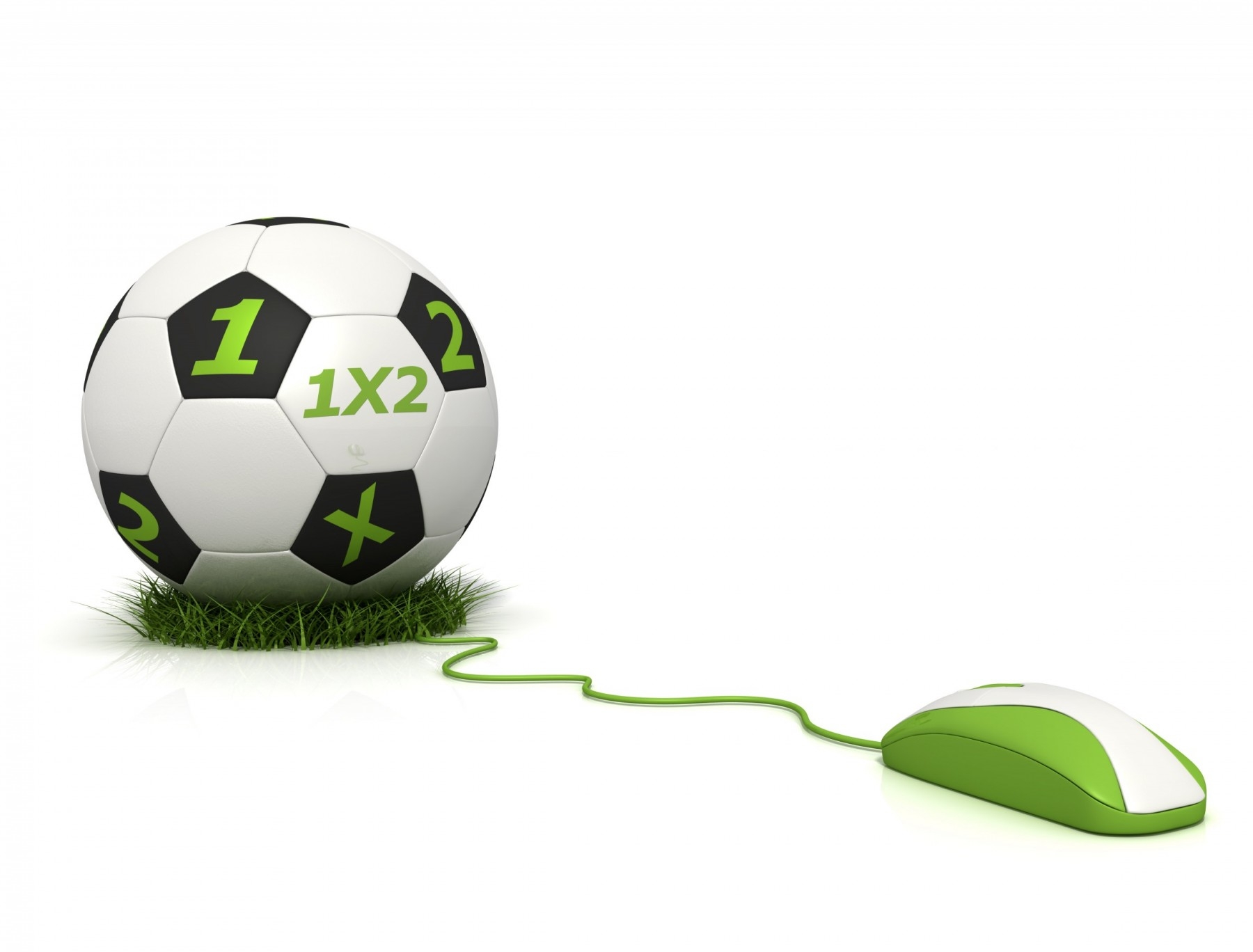 Футбольный мяч, к которому присоединена компьютерная мышка зеленого цвета