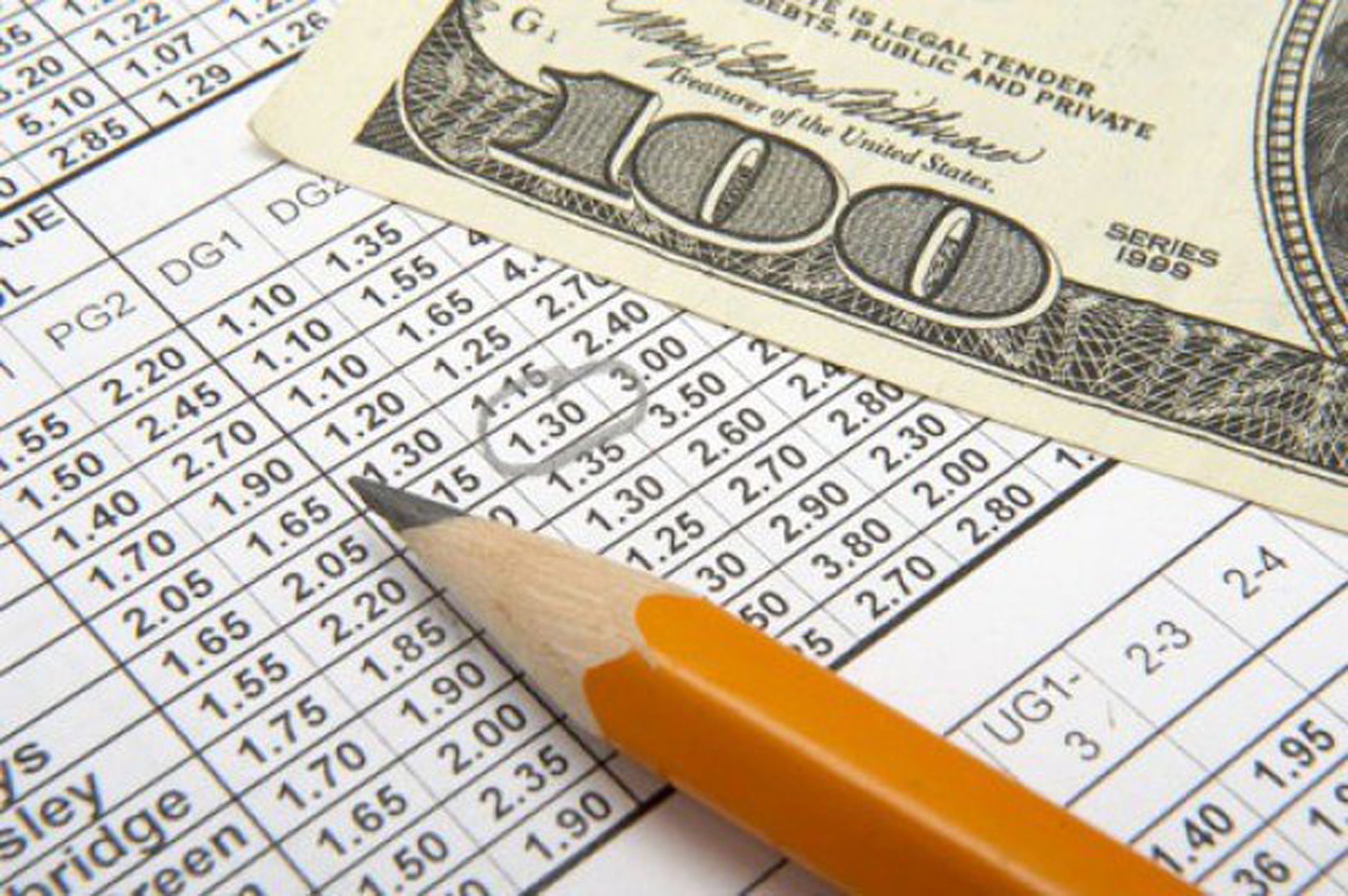 Лист с коэффициентами, простой карандаш и стодолларовая купюра