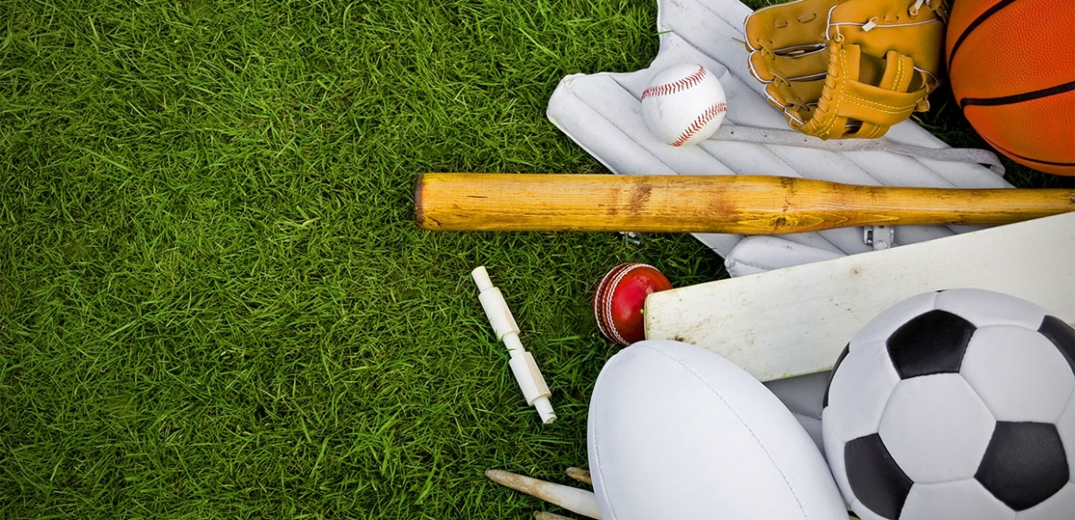 На траве лежит инвентарь для разных видов спорта: баскетбольный мяч, футбольный мяч, теннисный мяч, мяч для регби, бита, перчатка