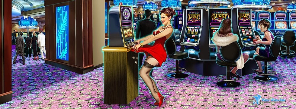 Пин-ап картинка, на которой сексуальная красотка подставляет подол платья для сбора монет с игрового автомата