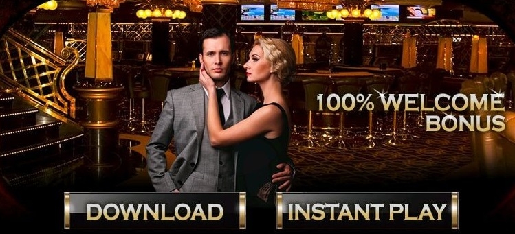 Реклама 100% бонуса от онлайн казино и влюбленная пара в зале с игровыми автоматами