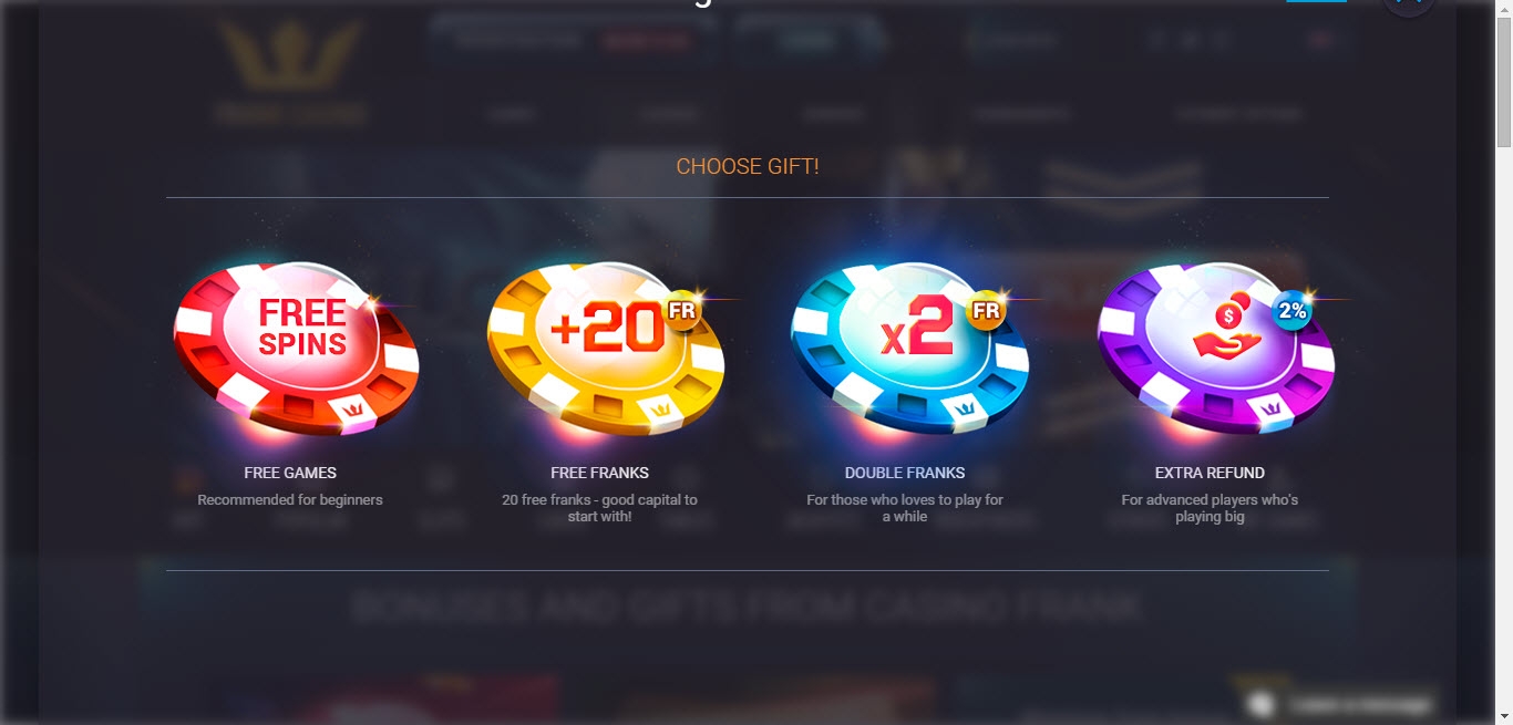 Скриншот презентации бонусов на сайте Frank casino