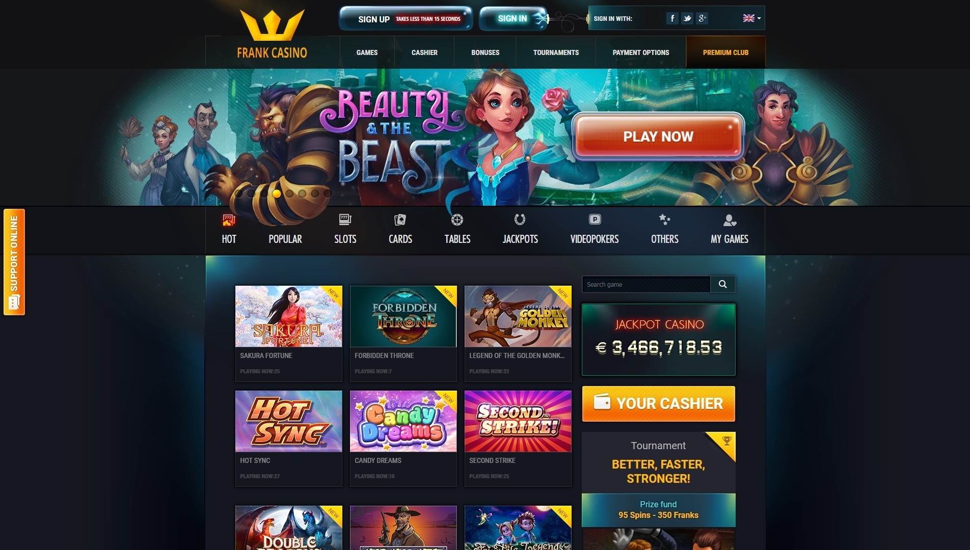 Скриншот заглавной страницы Frank casino