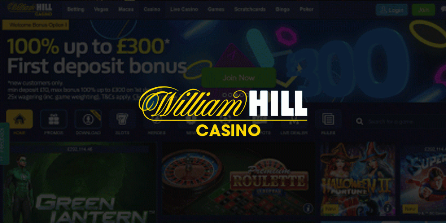 Фирменная надпись William Hill на фоне сайта казино
