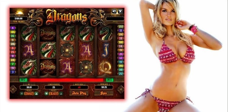 Сексуальная модель в розовом купальнике позирует рядом со скриншотом игрового автомата драконы