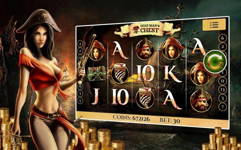 Брюнетка в сексуальном пиратском костюме презентует игровой автомат о пиратах