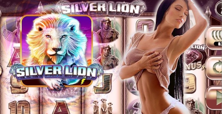 Сексуальная брюнетка в лифчику позирует на фоне линий игрового автомата Silver Lion