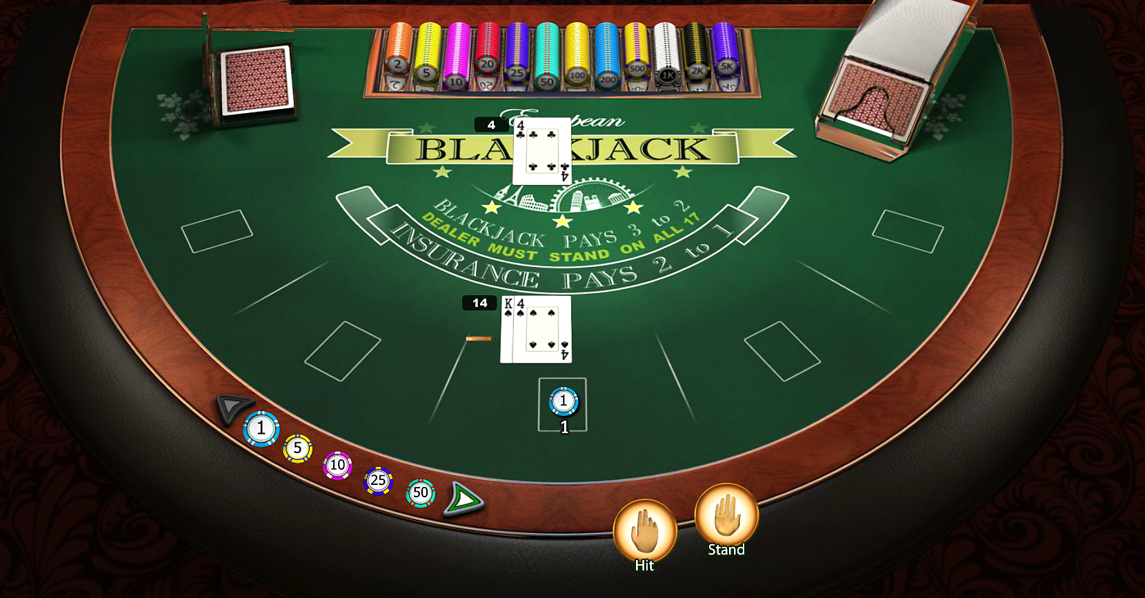 Онлайн блэк-джек: у игрока 14 очков и ставка в 1 монету