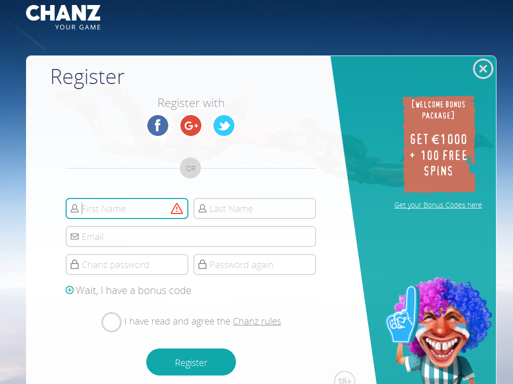 Регистрация в казино Chanz
